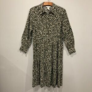 H&M HM Green Leaf Print Tiered Midi Shirt Dress Boho Viscose Size S